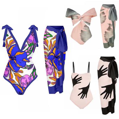 Moda feminina sexy impresso com decote em v bandage cinta sem costas beachwear saia monokini biquíni maiô 2 peças