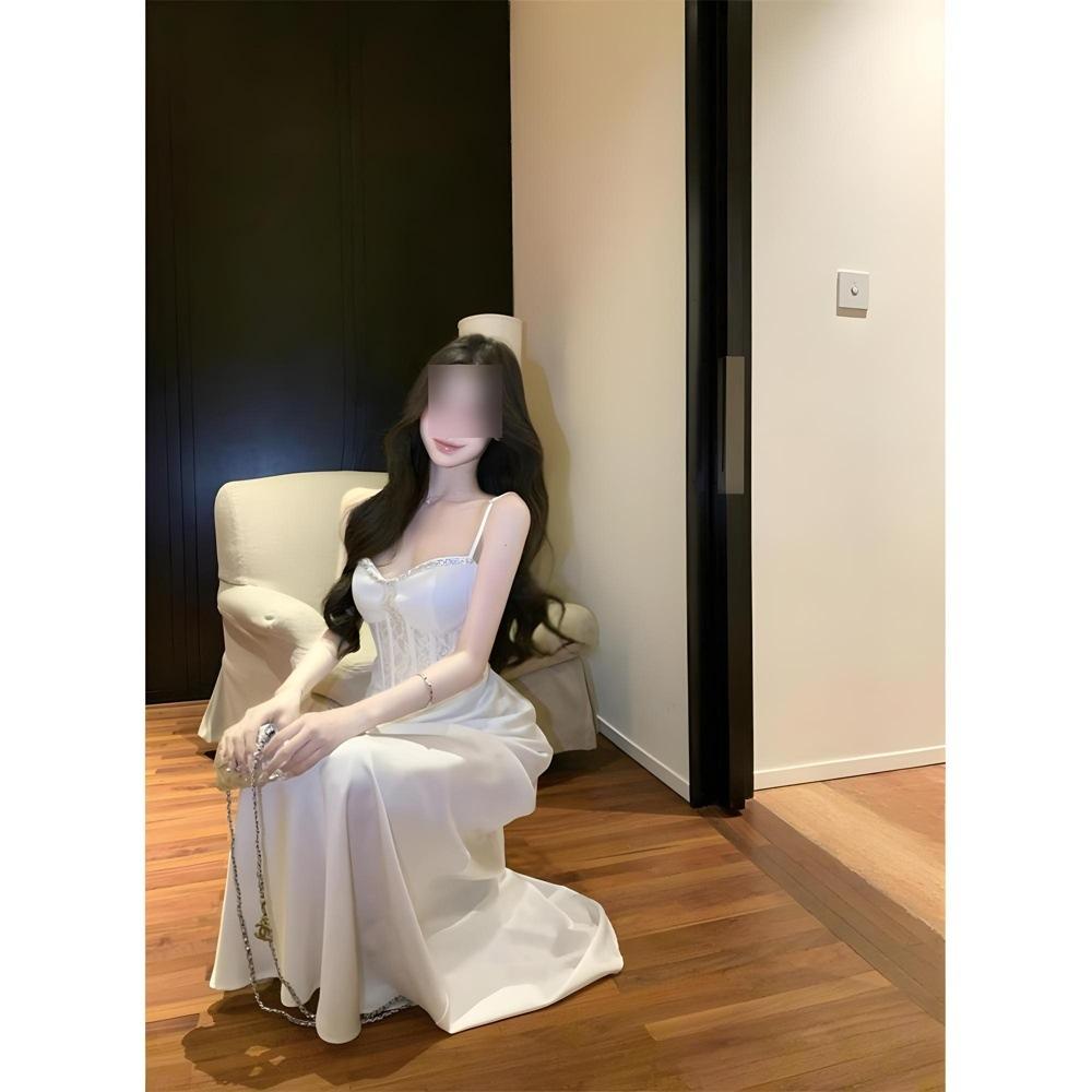 

Белое вечернее платье для девочки, высококлассный темперамент, светская львица, кружевное платье-комбинация на косточках, женское летнее XL- (recommended 110-60kg)