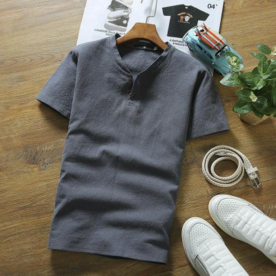 Men's Summer Cotton Linen V-neck T-shirt and Pants Two-piece Set - Plus Size