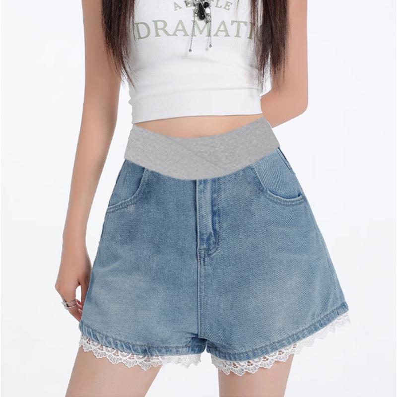 Women's Plus Size Lace Denim Maternity Shorts - Summer 2026 A-line Loose Fit