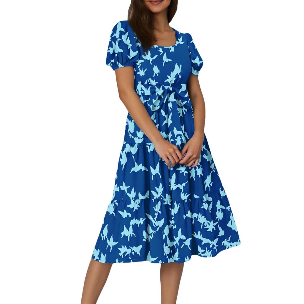 Women's Summer Floral Print Short Sleeves Neck Waistband Bohemian Flowy Maxi Dress With Pockets