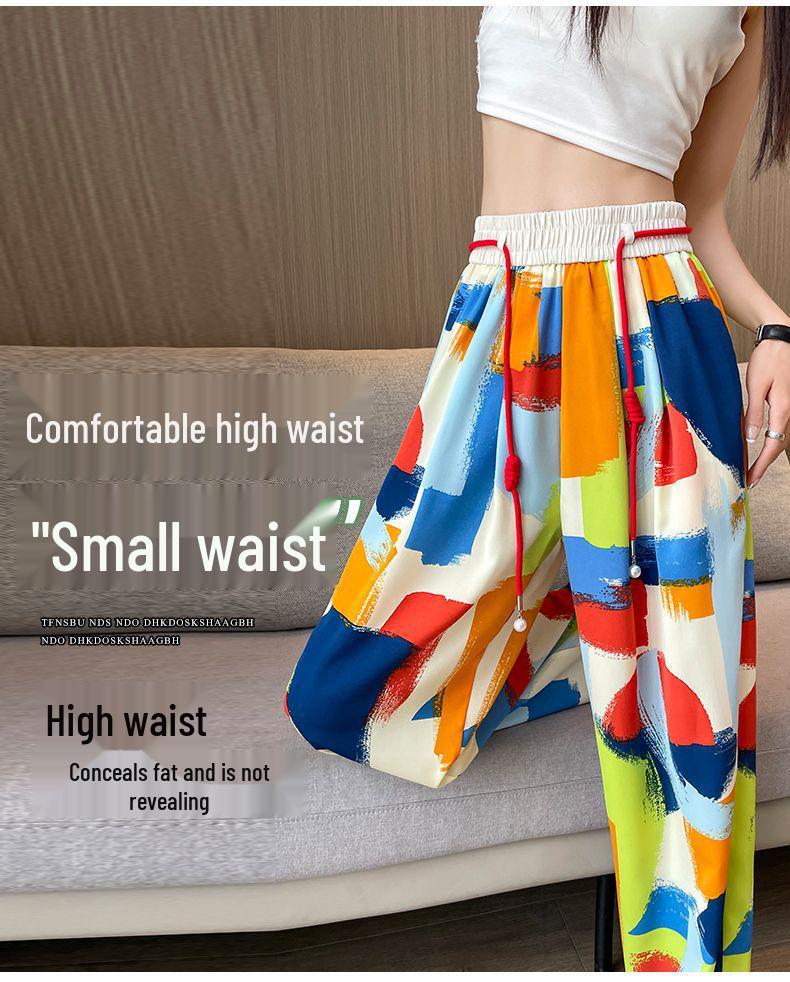Plus Size Women's High-Waisted Tie-Dye Wide-Leg Summer Pants - Ice Silk, Slimming, Casual, Loose, and Draping.