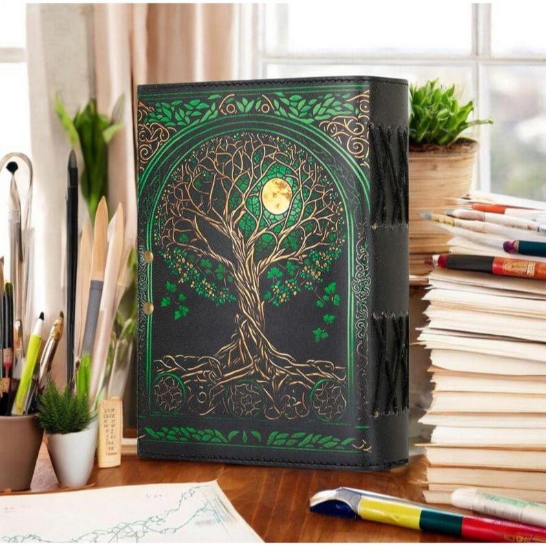 Handmade Leather Journal: Tree of Life Grimoire with Antique Lock