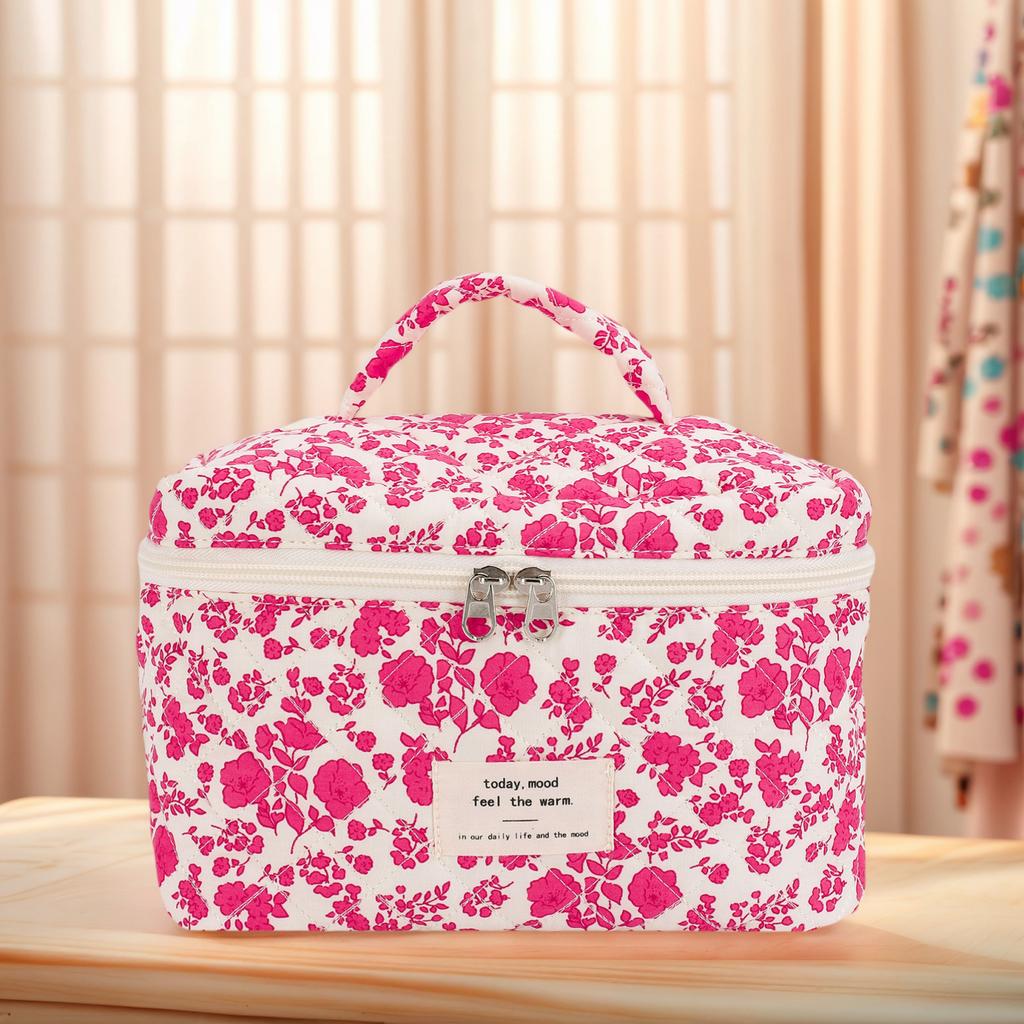 3Pcs Cute Quilted Cosmetic Bag with Pen Case Quilting Storage Bag Floral Printed Adorable Padding Skincare Pouch Ladies Trip Bag