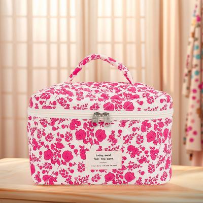 3Pcs Cute Quilted Cosmetic Bag with Pen Case Quilting Storage Bag Floral Printed Adorable Padding Skincare Pouch Ladies Trip Bag