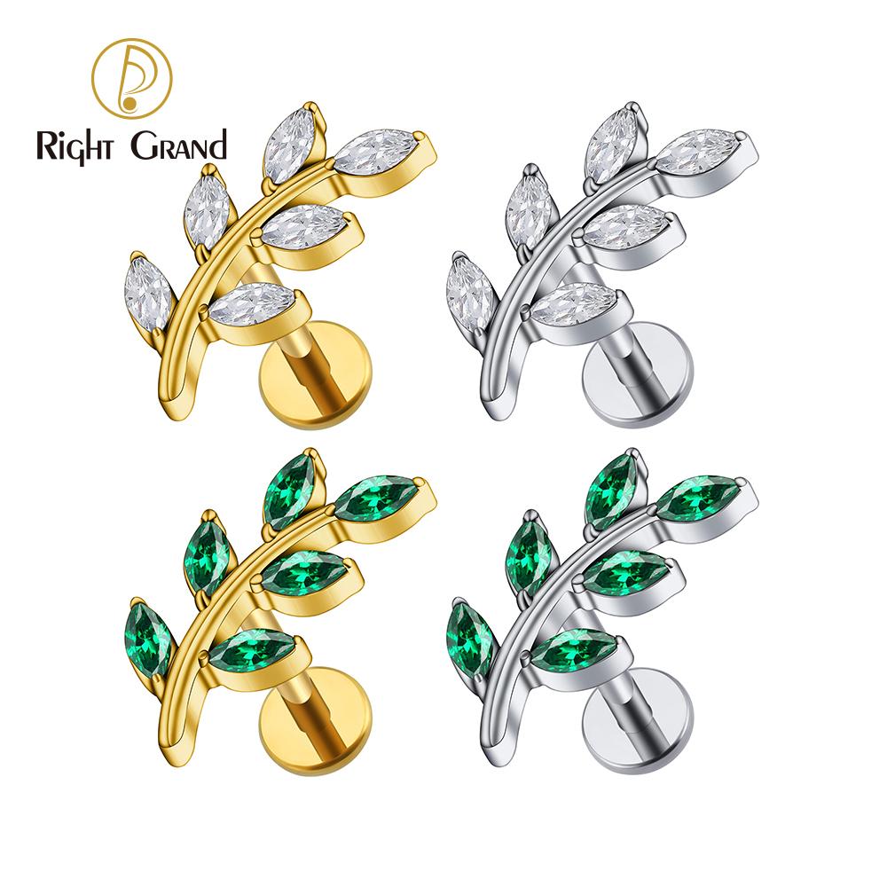 Right Grand ASTM F136 Titanium 16G Marquise CZ Leaves Stud Earring Leaf Shaped Helix Cartilage Conch Flat Back Piercing Jewelry