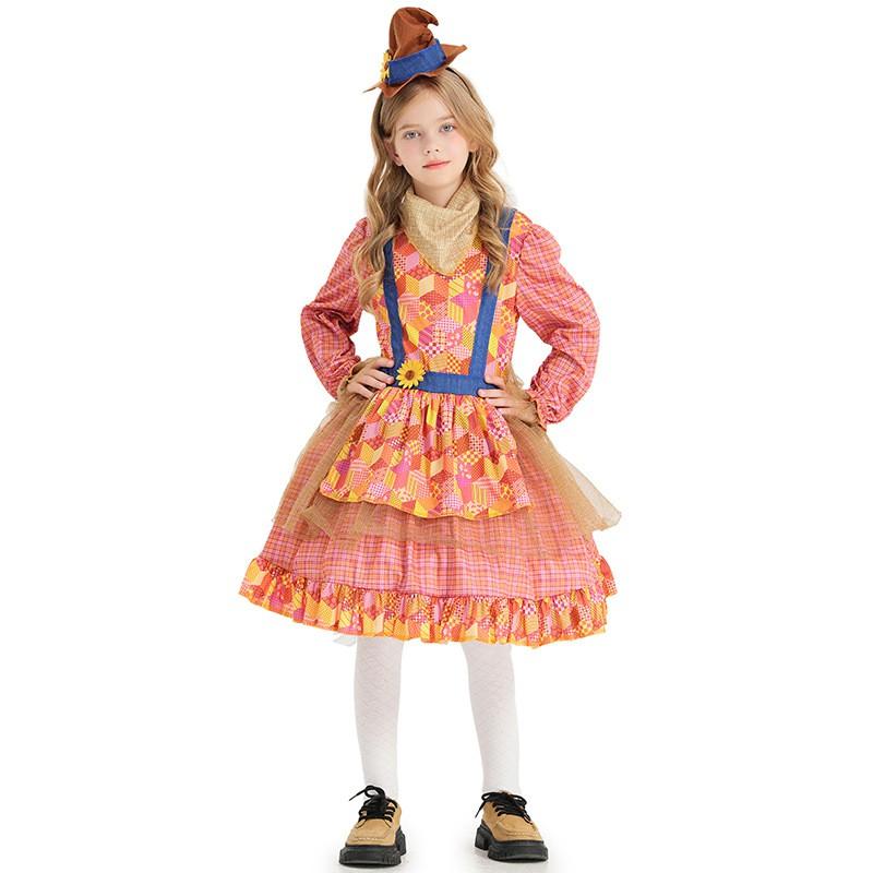 Sweet Vintage Plaid Scarecrow Dress Girls With Sunflower Applique Cosplay Costume School Performance