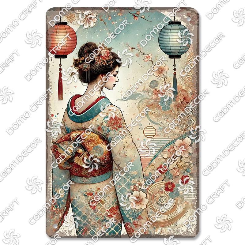 Retro Japanischer Stil Poster Metall Blechschilder Kimono Schönheiten Japanischer Samurai Vintage Metallplatte Wanddeko Club Bar Man Cave
