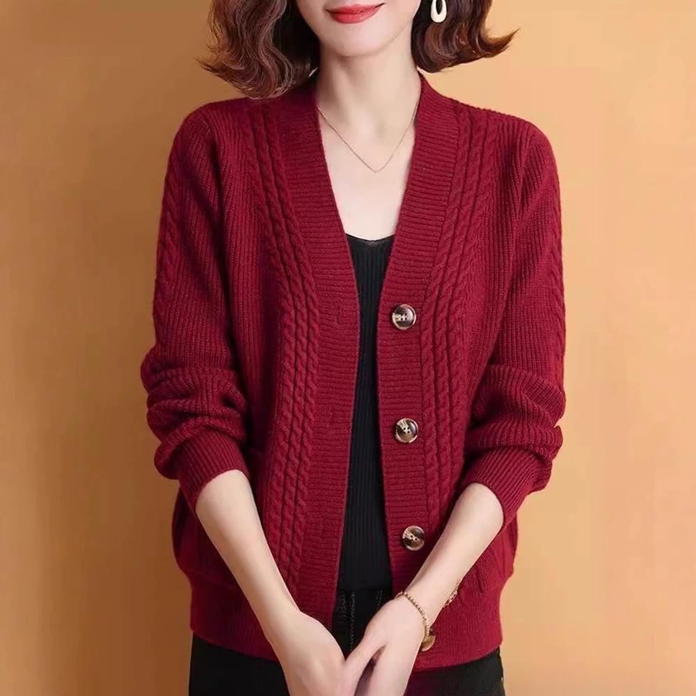 Knitted Cardigan Women's Spring and Autumn V-neck Outerwear Women's Loose Long Sleeved Loose Versatile Knitted Sweater Jacket
