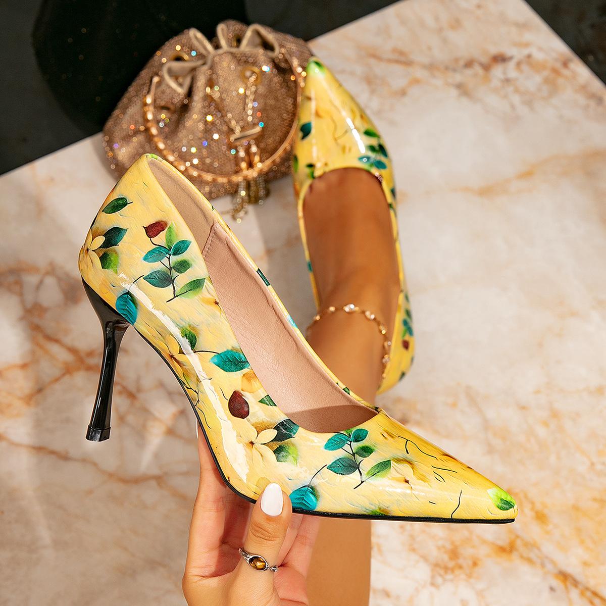 

Женская мода туфли на высоком каблуке желтый принт простые остроносые шпильки туфли-лодочки женские 36 жёлтый