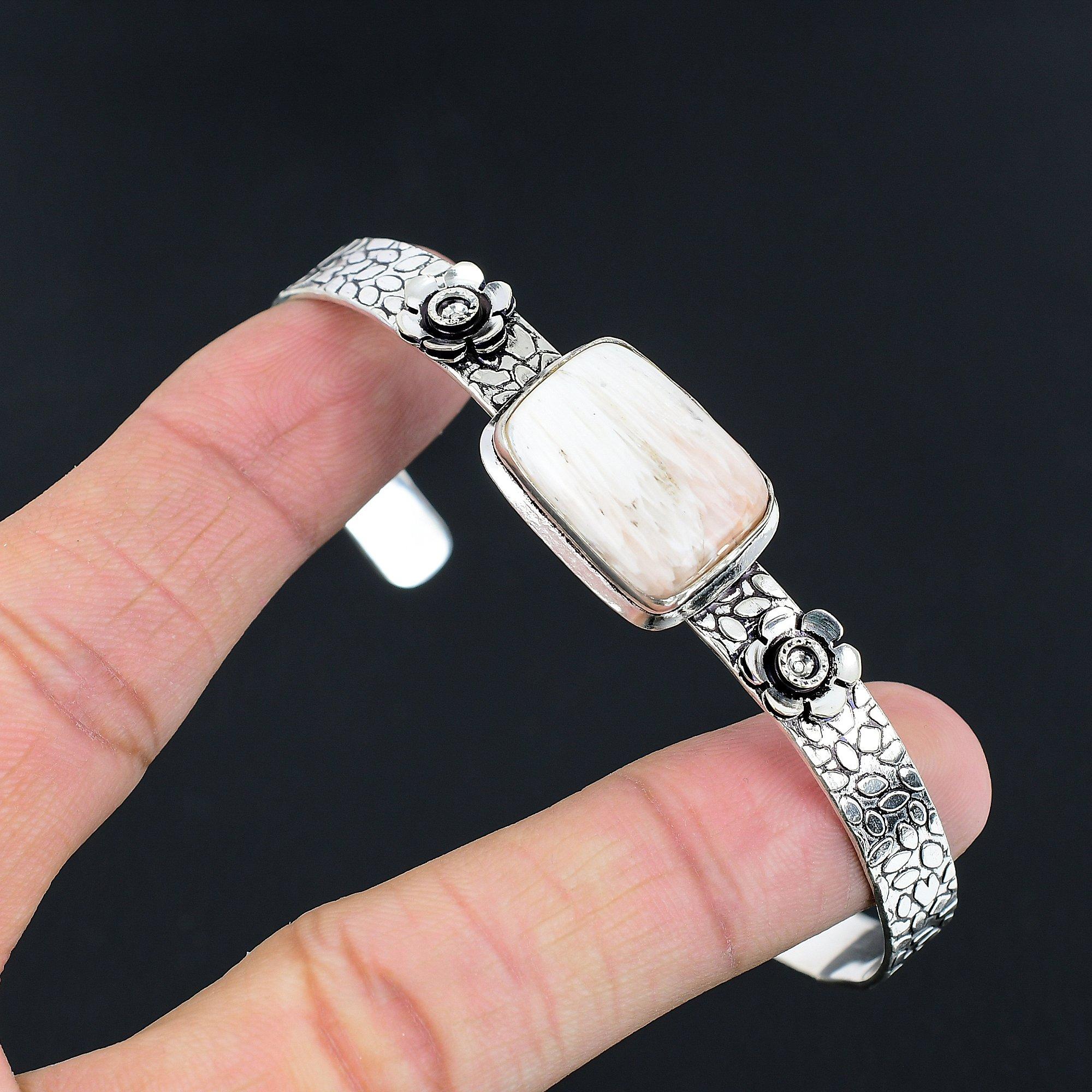 

Natural Scolecite Gemstone Bangle Flower Adjustable 925 Silver For Women Adjustable
