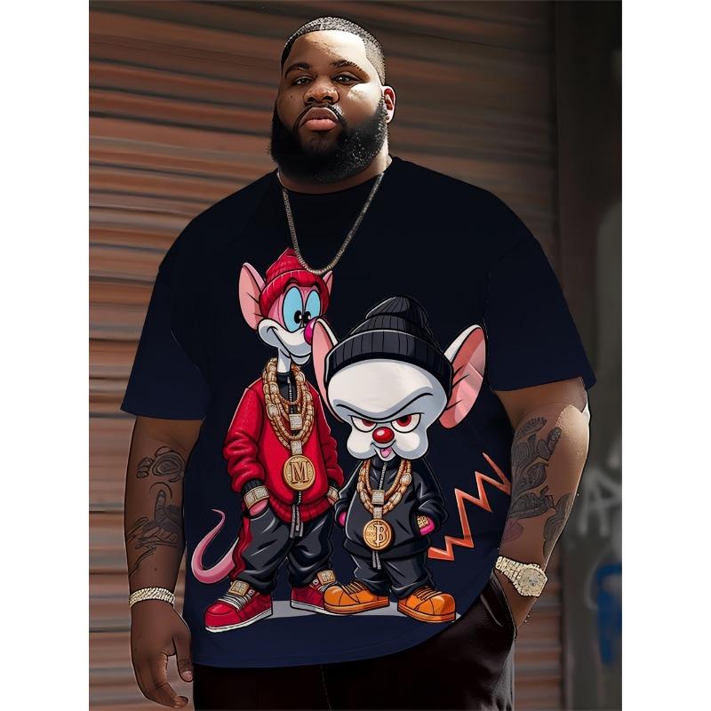 

Men s Hip Hop Cartoon Animal Printed Round Neck T-shirt 100% Polyester Fabric Summer Street Top Suitable for Daily Wearing 6XL