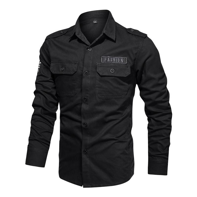 Men S Casual Military Style Long Sleeve Solid Color Shirt