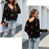 BITCED Women's Oversized Cropped V-Neck Sweater Women's Knit Sweater with Fringe for Fall/Winter