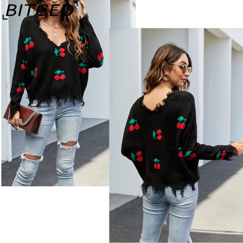 BITCED Women's Oversized Cropped V-Neck Sweater Women's Knit Sweater with Fringe for Fall/Winter