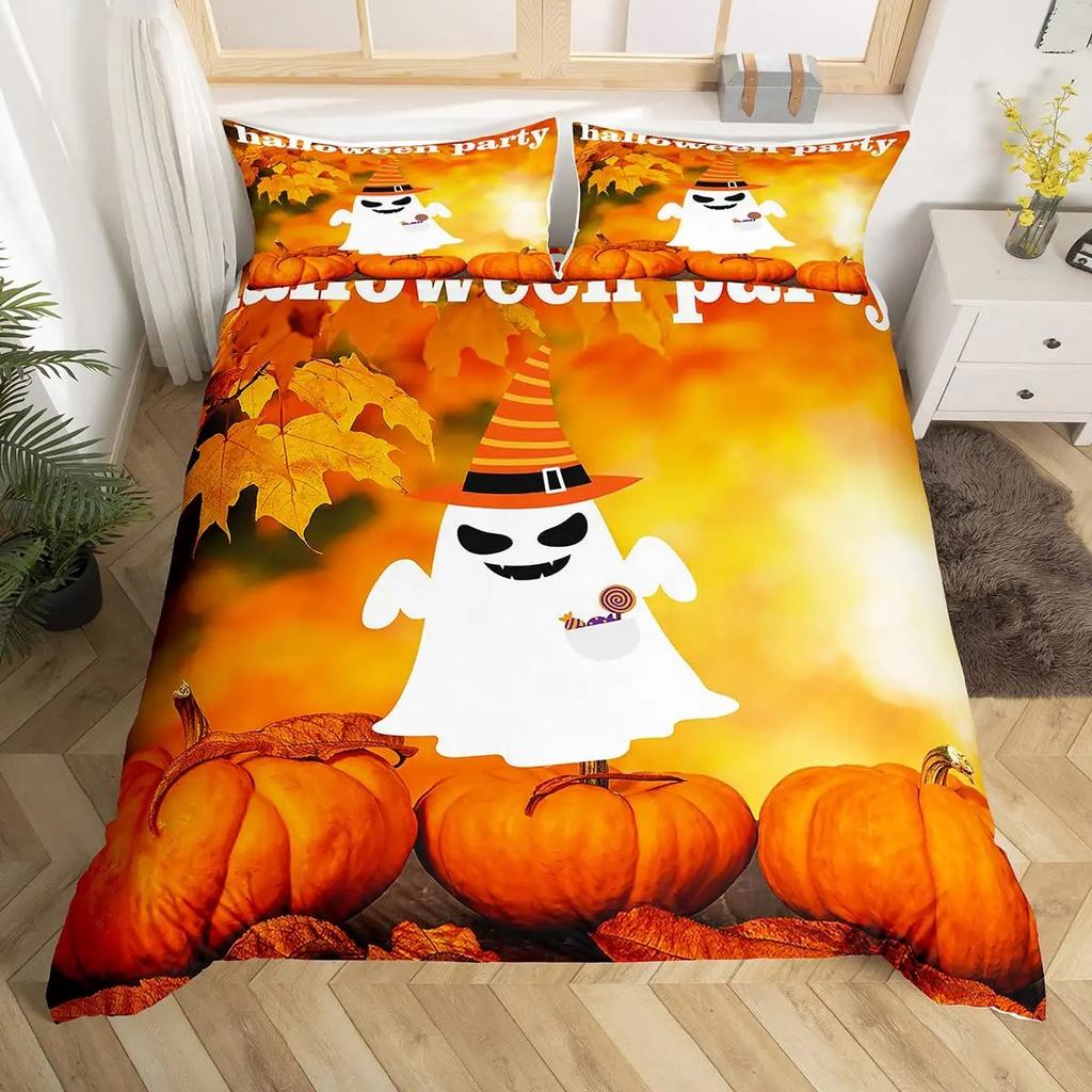 Thanksgiving Day Pumpkin King Queen Bedding Set Kids Cartoon Autumn Duvet Cover Fall Leaf Comforter Cover Polyester Quilt Cover