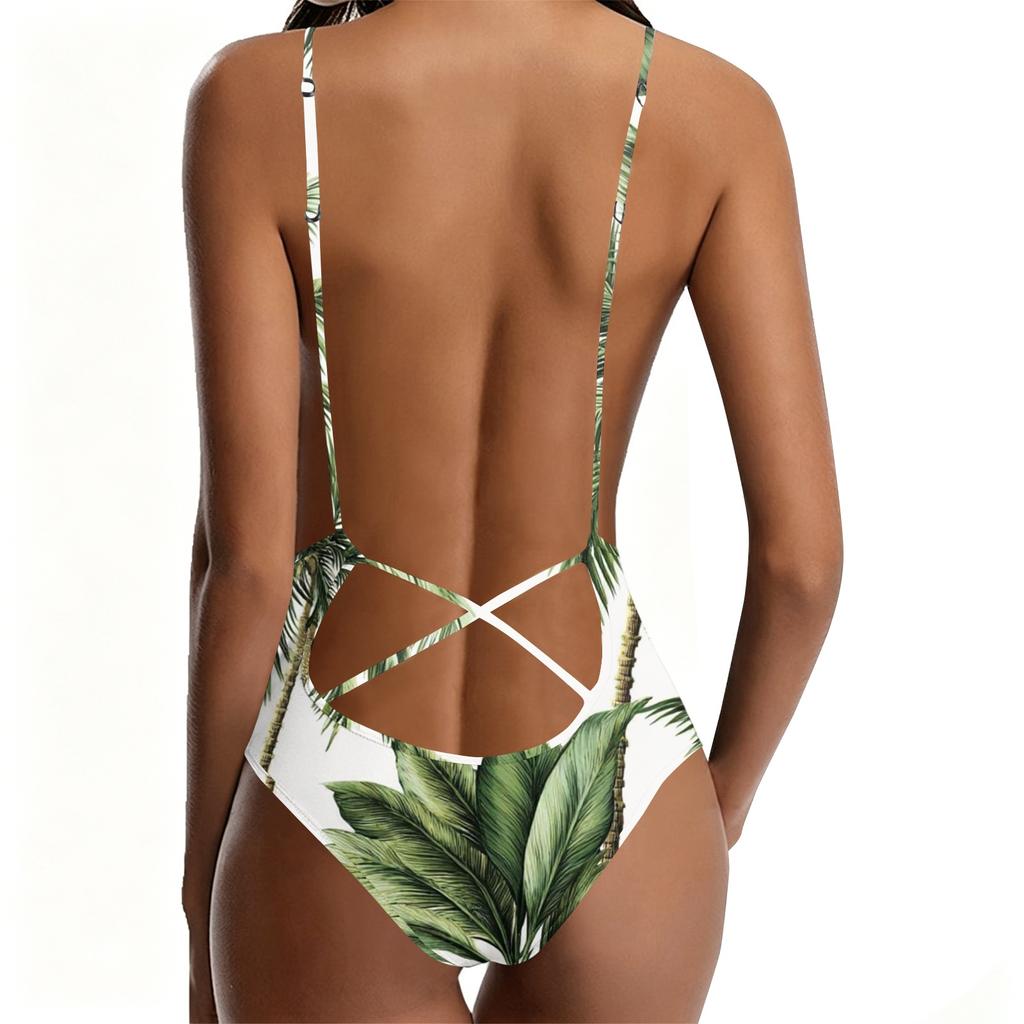 Women's Printed Bikini Swimsuit with Tropical Leaf and Floral Pattern Deep V Neck Adjustable Strap Design for Beach Pool Resort