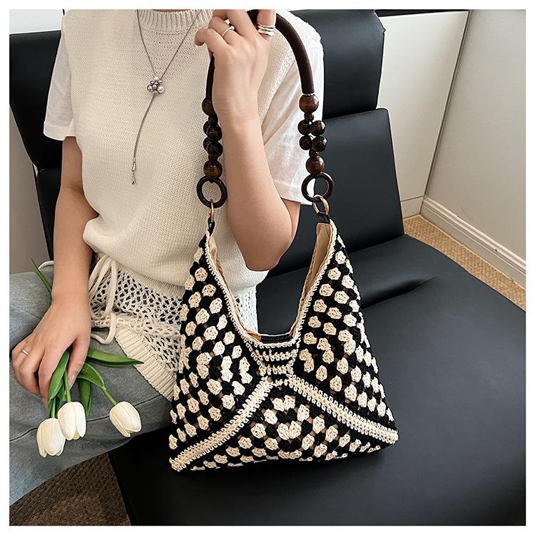 Stricktasche mit großer Kapazität Damen Sommer Neue Holzperlen Gewebte Umhängetasche Wolle Häkel-Einkaufstasche