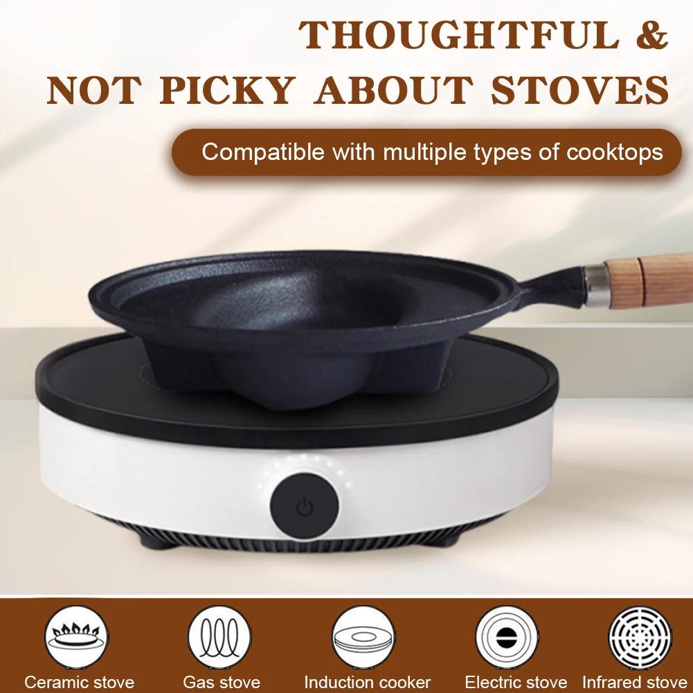 Cast Iron Frying Pan with Wood Handle Omurice Cooking Pot Non-Stick Pancake Mold Skillet Pan Anti-Scald for Home Kitchen