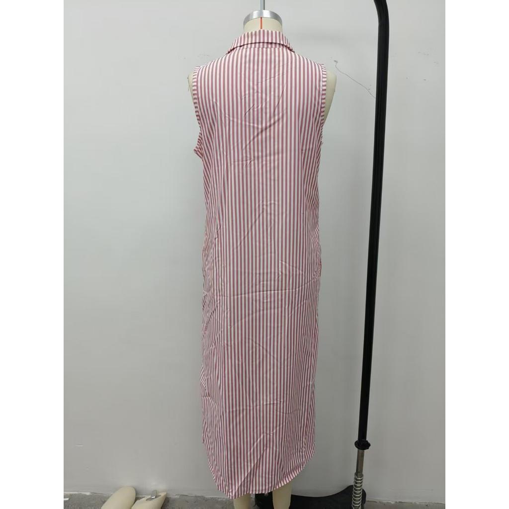 New European American Women Casual Striped Stand Collar Sleeveless Slit Maxi Long Dress Vacation Style