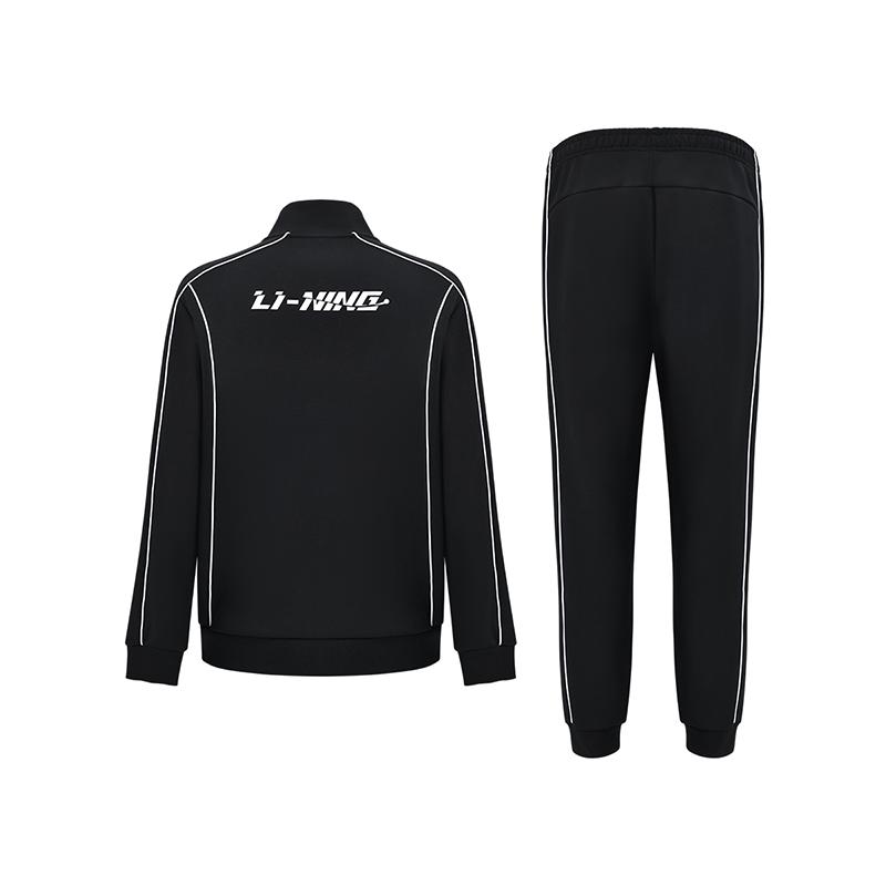 Li Ning Versatile Comfortable Line Stand Collar Drop Shoulder Fleece Top Elastic Waist Long Pants Casual Sports Suit Unisex Suit Black AWEU033