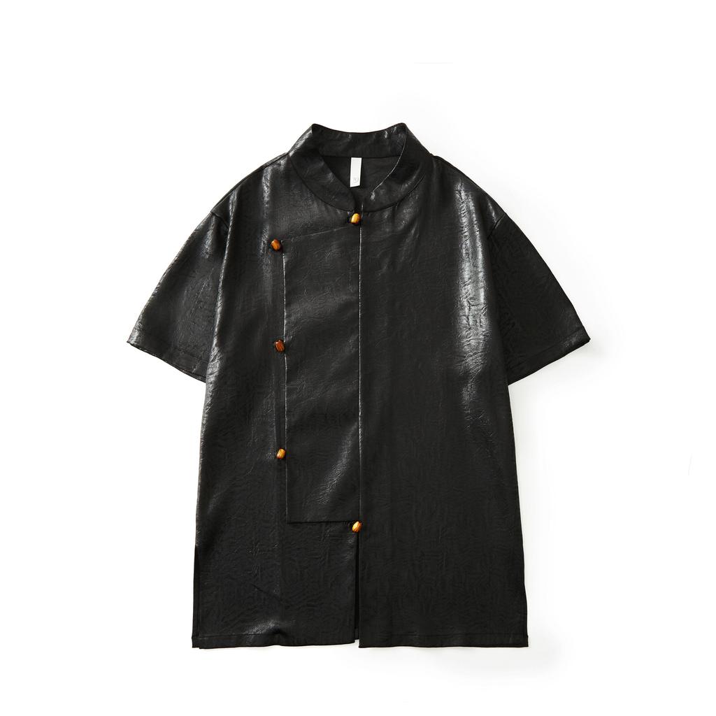 2025 Men Chinese Style Shirts Men Cross Collar Design Solid Simple Shirts Casual Streetwear Male Short Sleeved Blouse