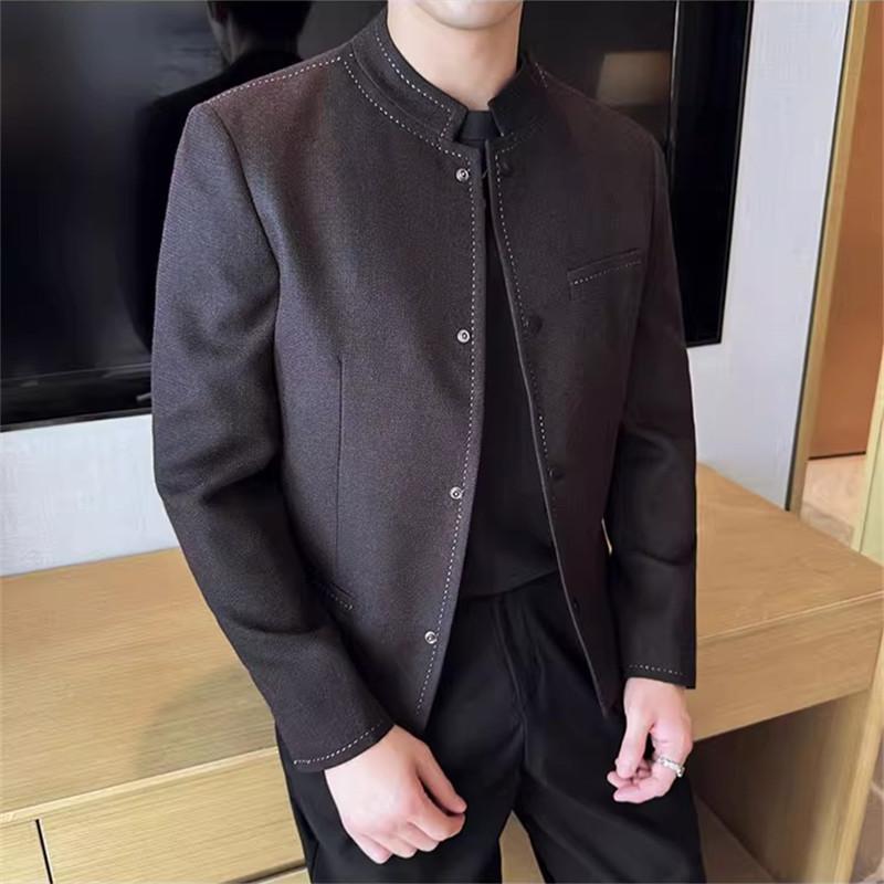 Autumn Winter Chinese Style Blazer Men Fashion Stand Collar  Slim Fit Suit Jacket
