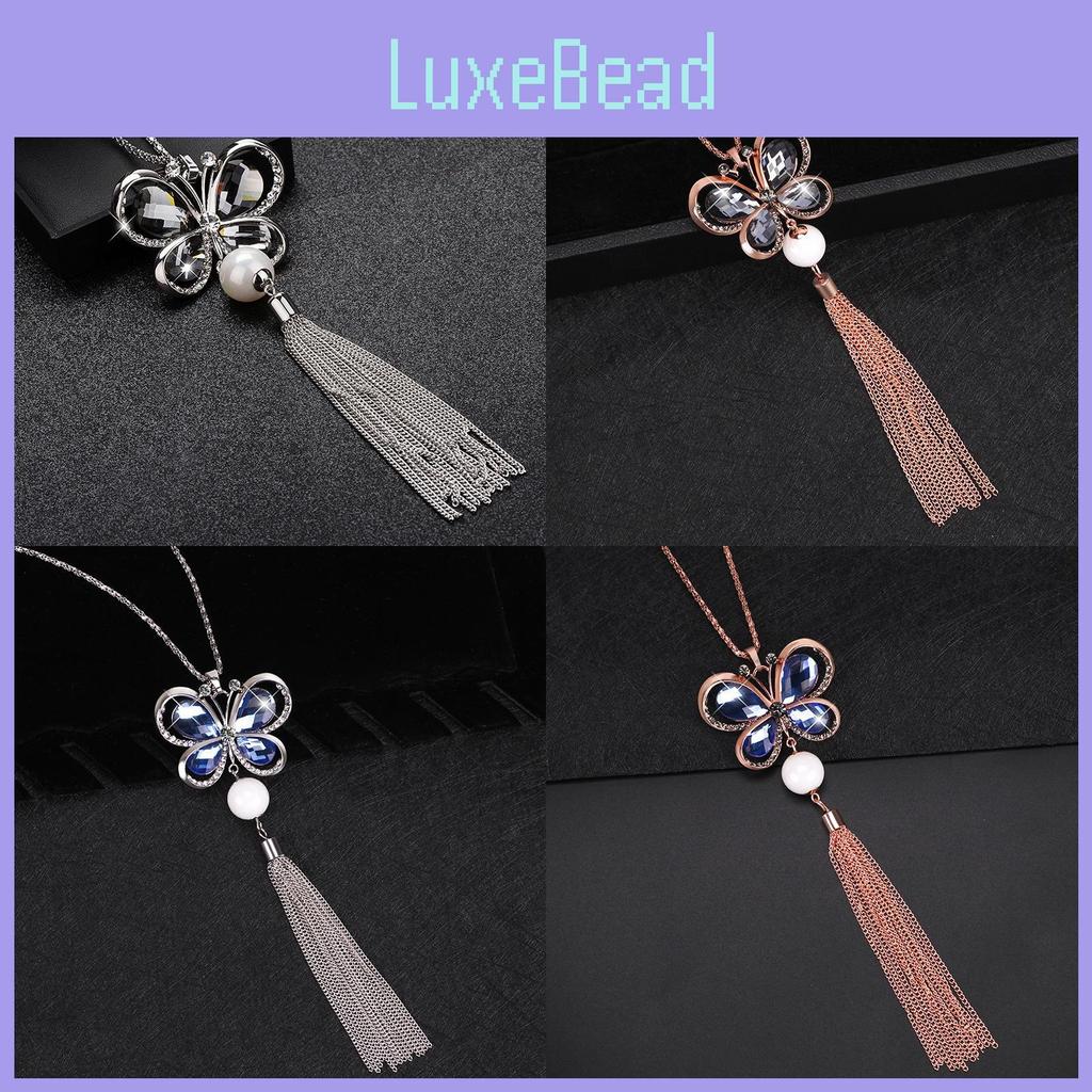 Elegant Korean Style Butterfly Sweater Necklace With Pearl Tassels For Women