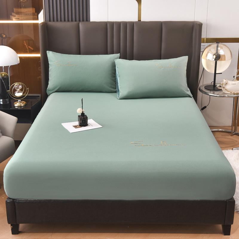New Light Luxury Embroidered Single Fitted Sheet Solid Color Fitted Sheet Non-slip Washed Cotton Bed Cover Seat