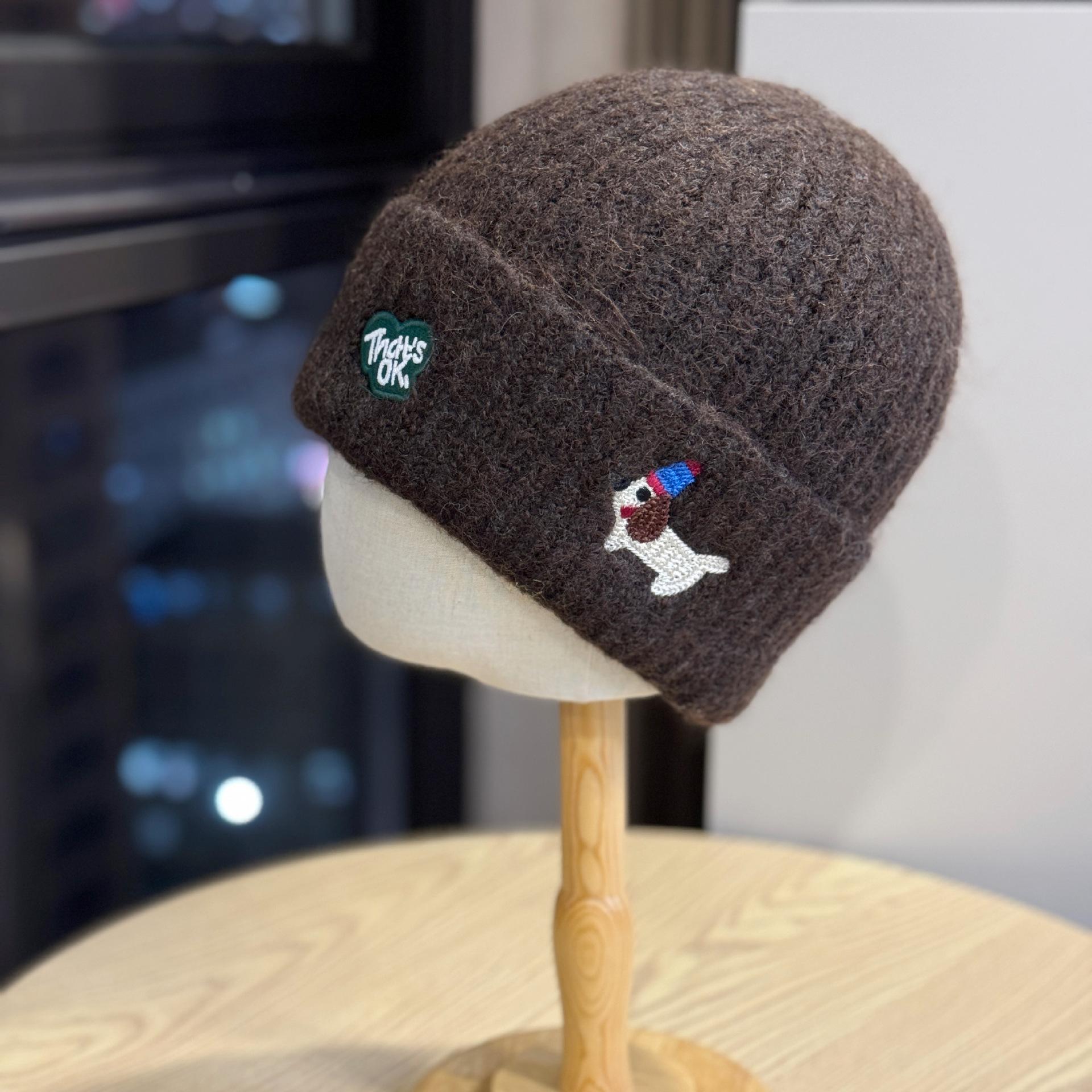 

New Cute Puppy Embroidered Knitted Hat for Women in Autumn and Winter Korean Version Versatile Warm Ear Protecting Face Showing Small Woolen Hat one size
