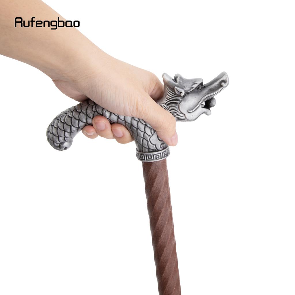 Silver Dragon Wooden Single Joint Fashion Walking Stick Decorative Cospaly Cane Halloween Mace Crutch Wand Crosier 95cm