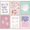Pink Beach Preppy Wall Art Coastal Granddaughter Aesthetic Room Canvas Posters Colorful Coastal Seashell Pictures Prints Abstract Beach Painting Wall