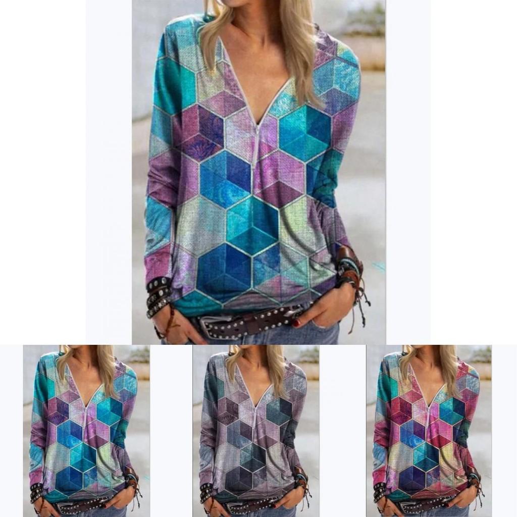 Elegant Ladies Print Pullover Blouse Shirt With V Neck And Zipper For Casual Wear
