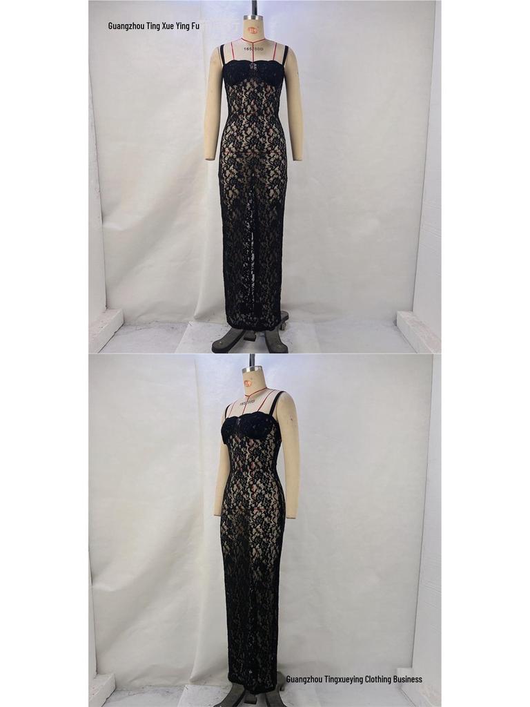 European & American Women's One-Shoulder Lace Evening Dress - Sexy & Slim Fit, See-Through Summer Fashion