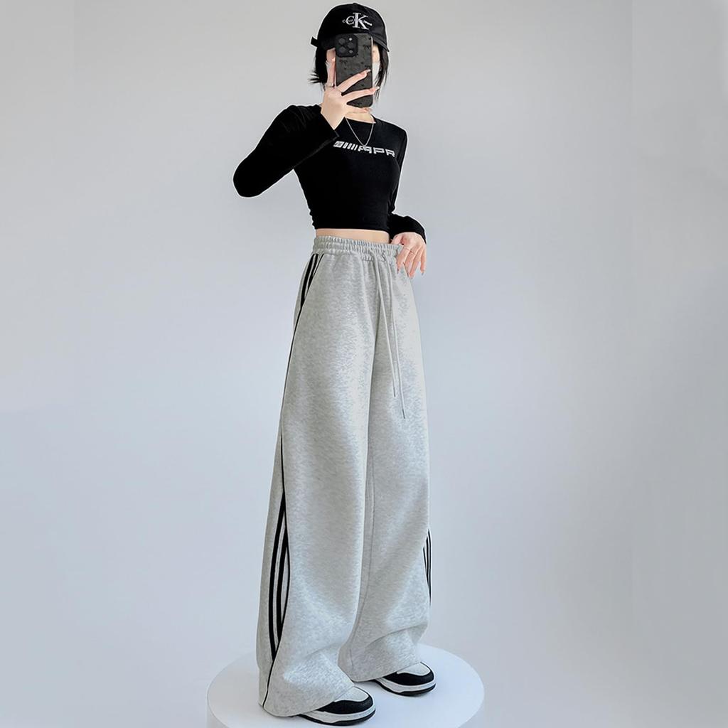 EnjoIt Straight Loose Elastic Solid Comfortable for F0022 Women's Wide-Leg Pants, Striped, Casual, Comfortable, Fit, Waist, Color, Leisure, Student,