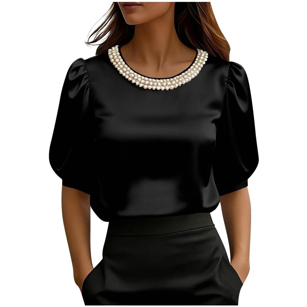 Women's Fashion Loose Fit Satin Pearl Collar Short Sleeve Blouse Top Casual Elegant Office Wear