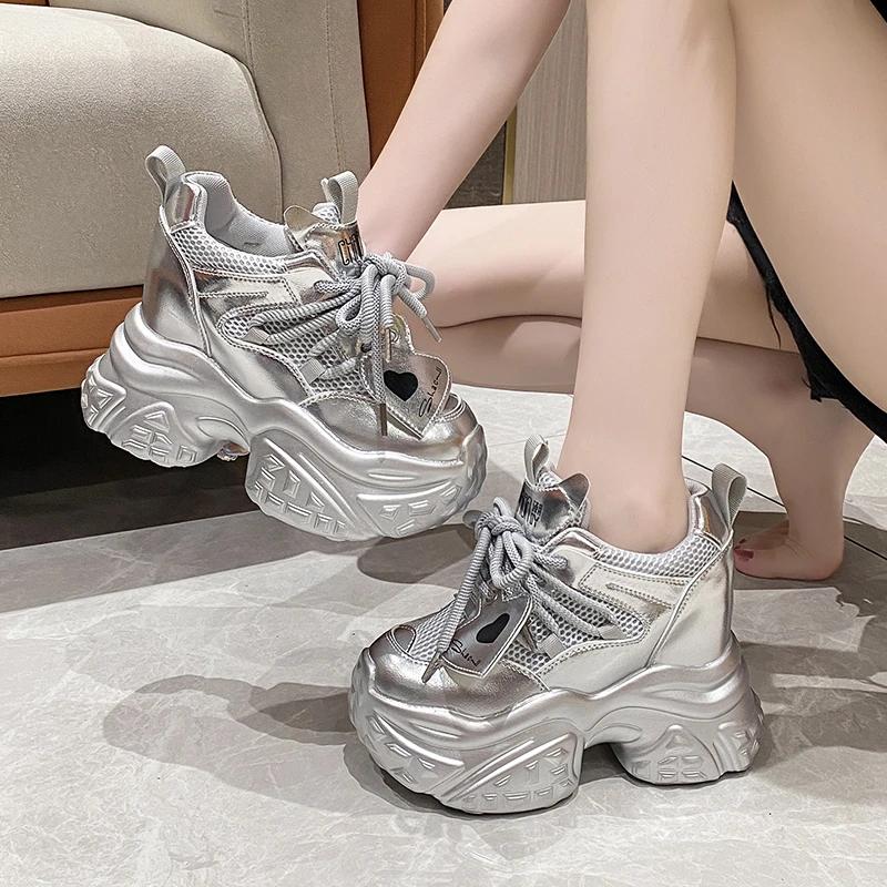 Μόδα 10CM Άνοιξη Γυναικεία Casual Αντιολισθητικά Αθλητικά Παπούτσια Πλατφόρμας Ψηλά Τακούνια Φθινόπωρο Αθλητικά Δερμάτινα Παπούτσια Αναπνεύσιμα Αθλητικά Παπούτσια Chunky