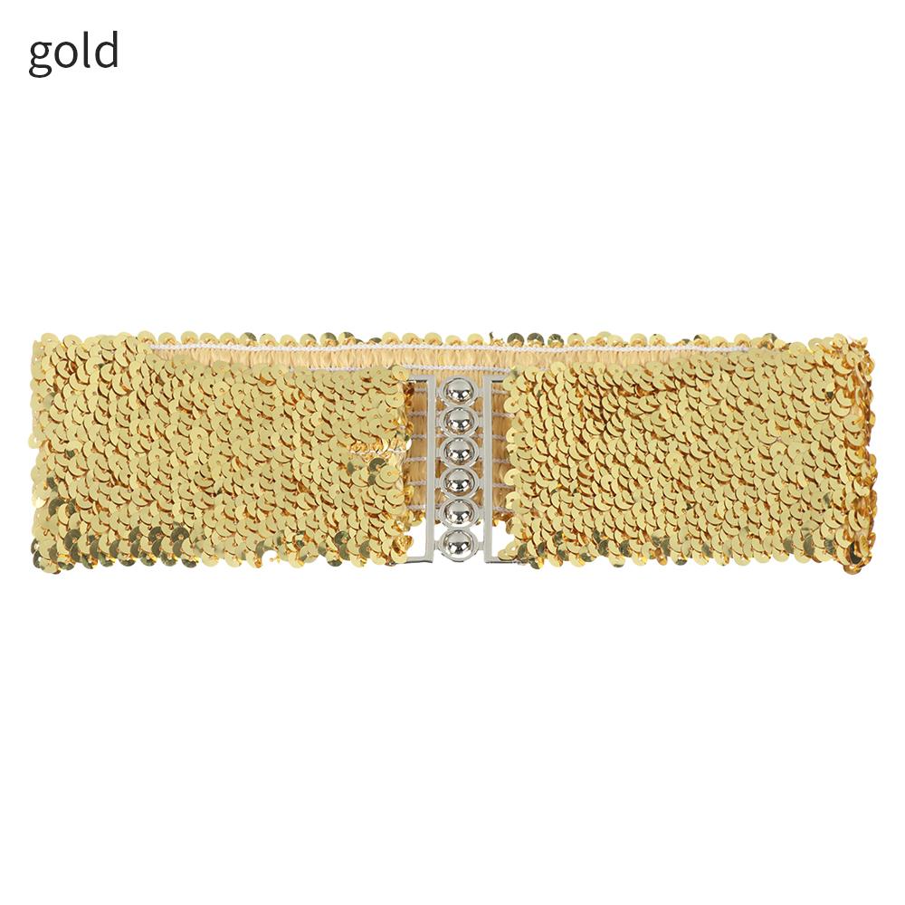 Fashion Casual Stretch Belly Waist Band Sequin Wide Elastic Belt Metal Buckle Waistband Ladies Dress Cummerbands