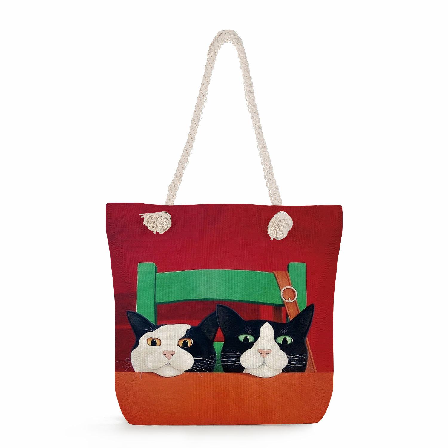 Cat print thick rope single-shoulder beach bag 7215