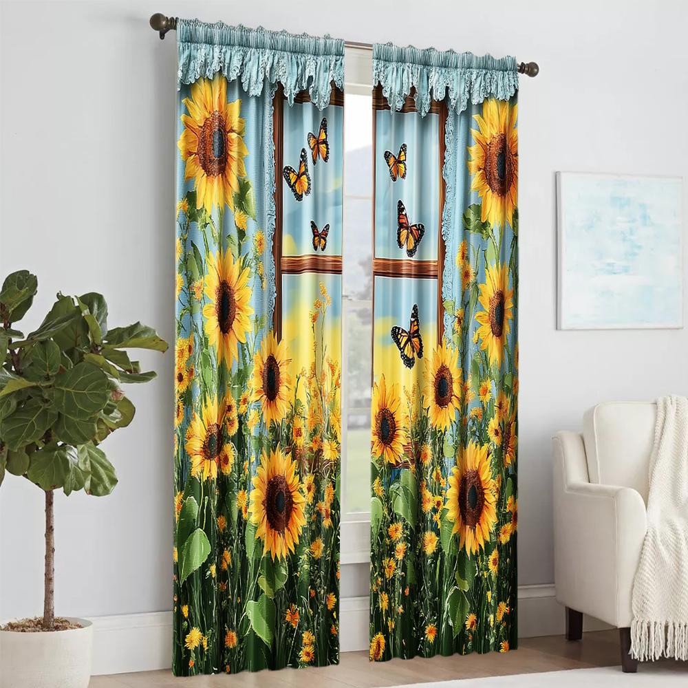 2 Stück, vielseitige transparente Polyestervorhänge zur Heimdekoration Sunflower Garden für die Verwendung in Schlafzimmern und Wohnzimmern