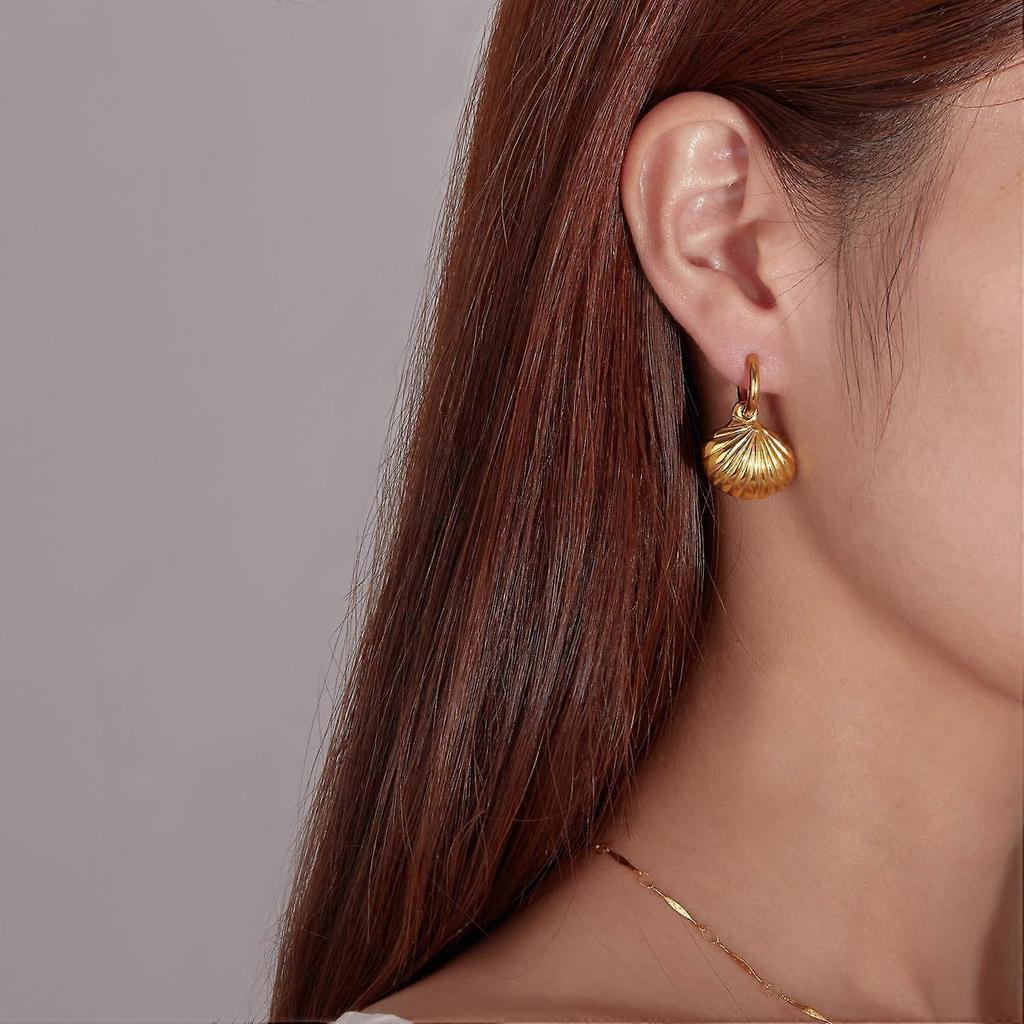 Shell Hoop Earlobe Earrings – Stainless Steel, Nontarnish Earring, Ocean Style Hoop Earring for Women Waterproof,Color Not Fade