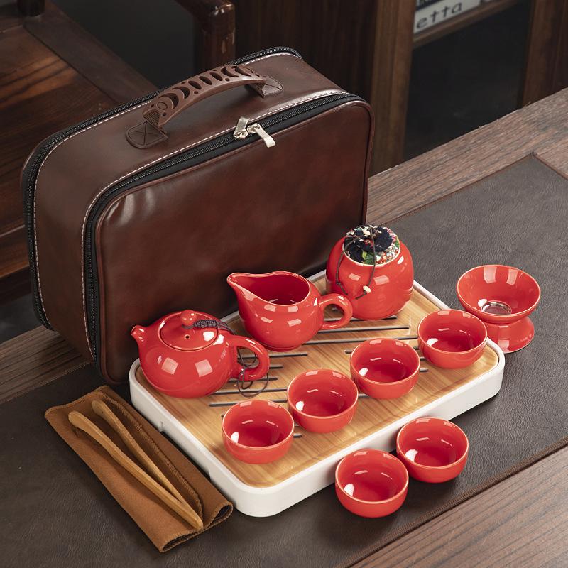 Travel ceramic Kung Fu tea set, tea tray, a full set of portable storage bags, practical business gifts for customers