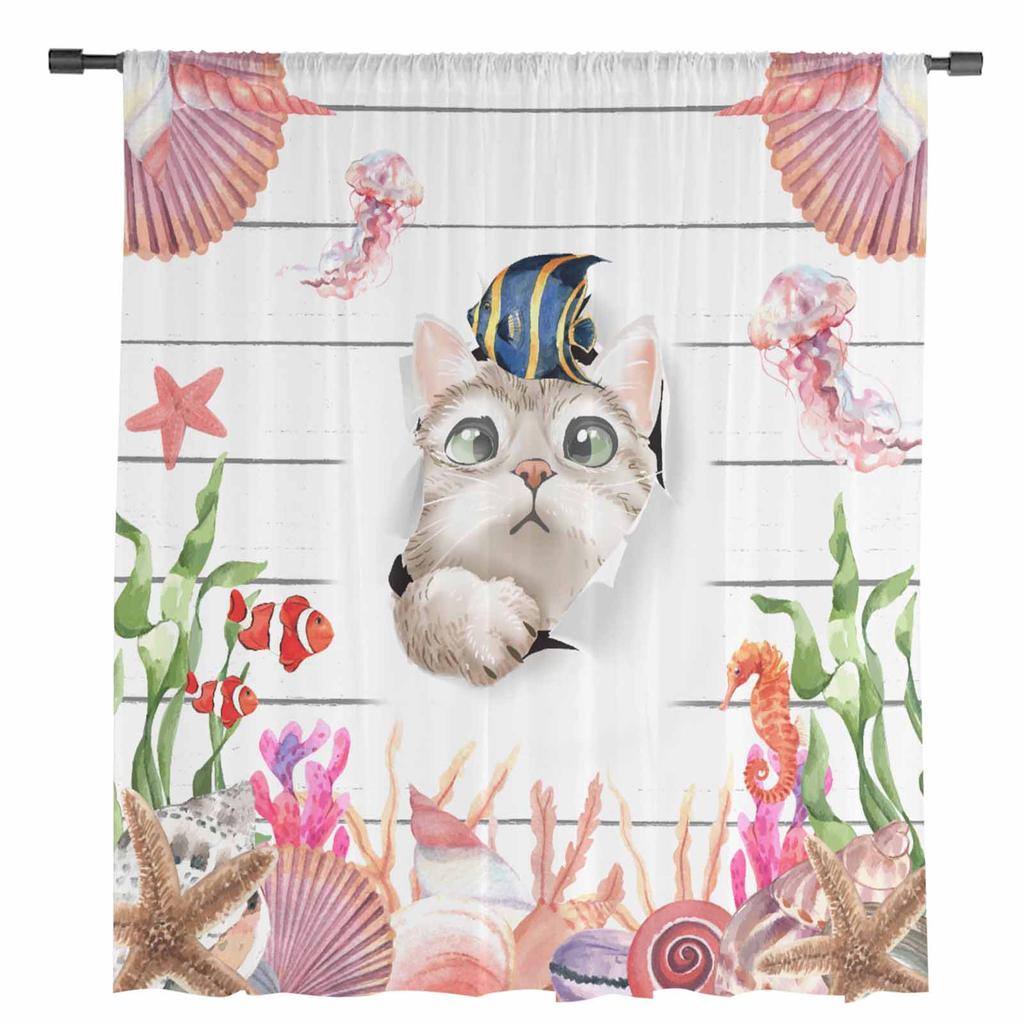 Kot Ocean Meduza Koral Rozgwiazda Przezroczyste Zasłony do Dekoracji Salonu Zasłony Okienne Zasłony Tiulowe Woalowe Kuchenne
