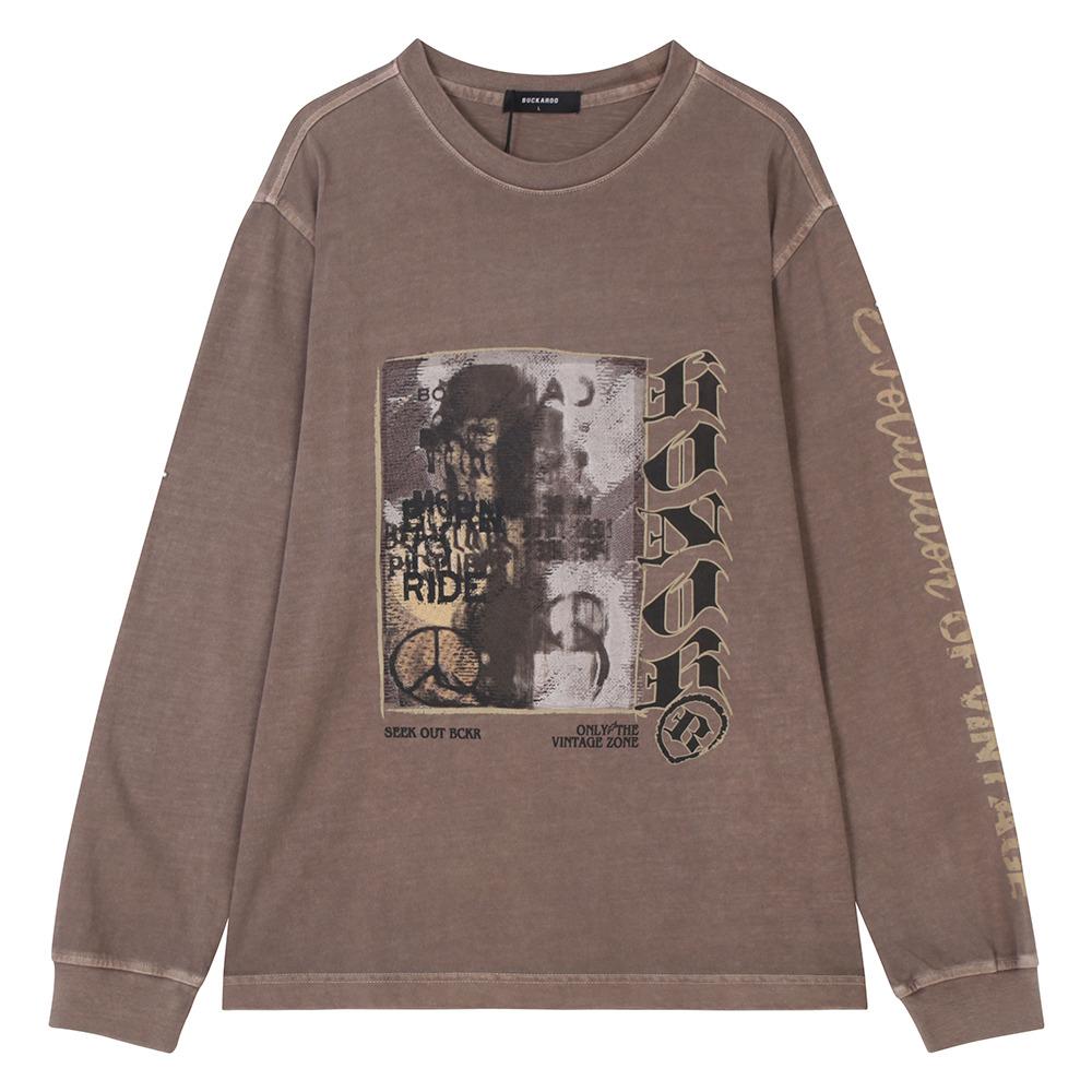 Burkeru Men S 16-Count Single Graphic Garment-Dyed Round T-Shirt Dark Beige Dark Beige_M