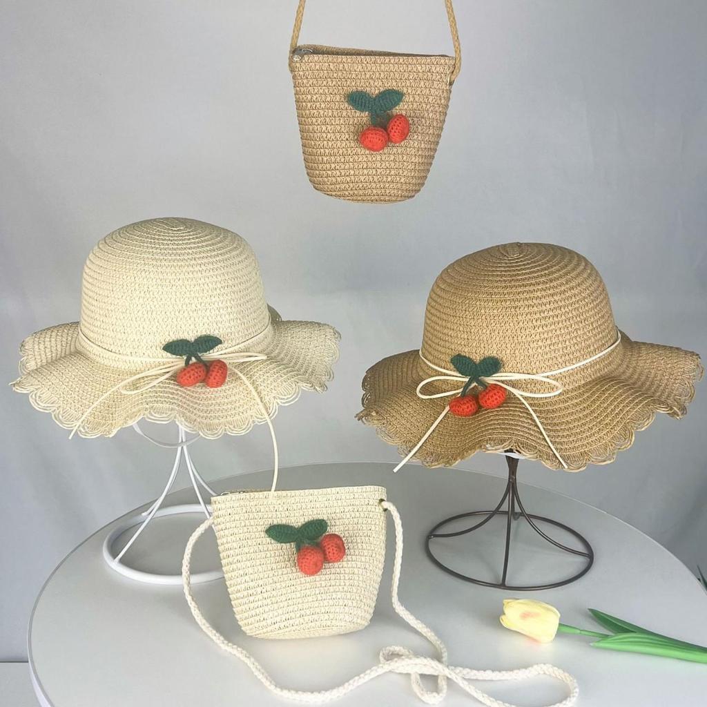 Kids' Cherry Wave Straw Sun Protection Beach Bucket Hat & Bag Set