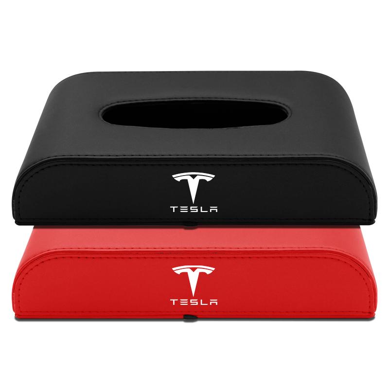 Leather Car Tissue Box Hanging Badge Paper Towel Bag Storage Auto Accessories For Tesla Model S Model X Model Y Model 3 Roadster SpaceX
