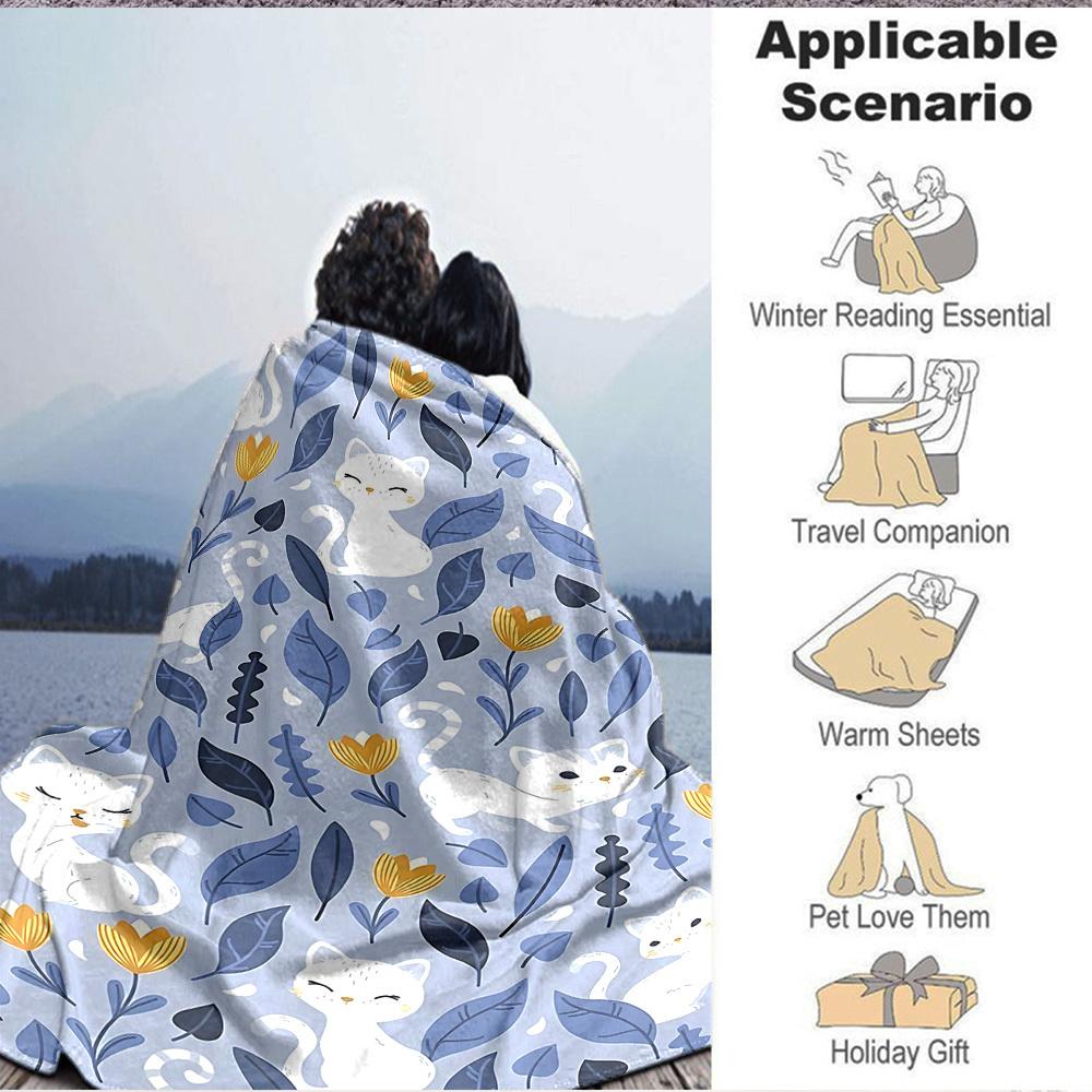 1pc Cats Flowers Lightweight Flannel Blanket, Comfortable and Warm Blanket, for Office and Camping Sofa Bed, Livingroom147