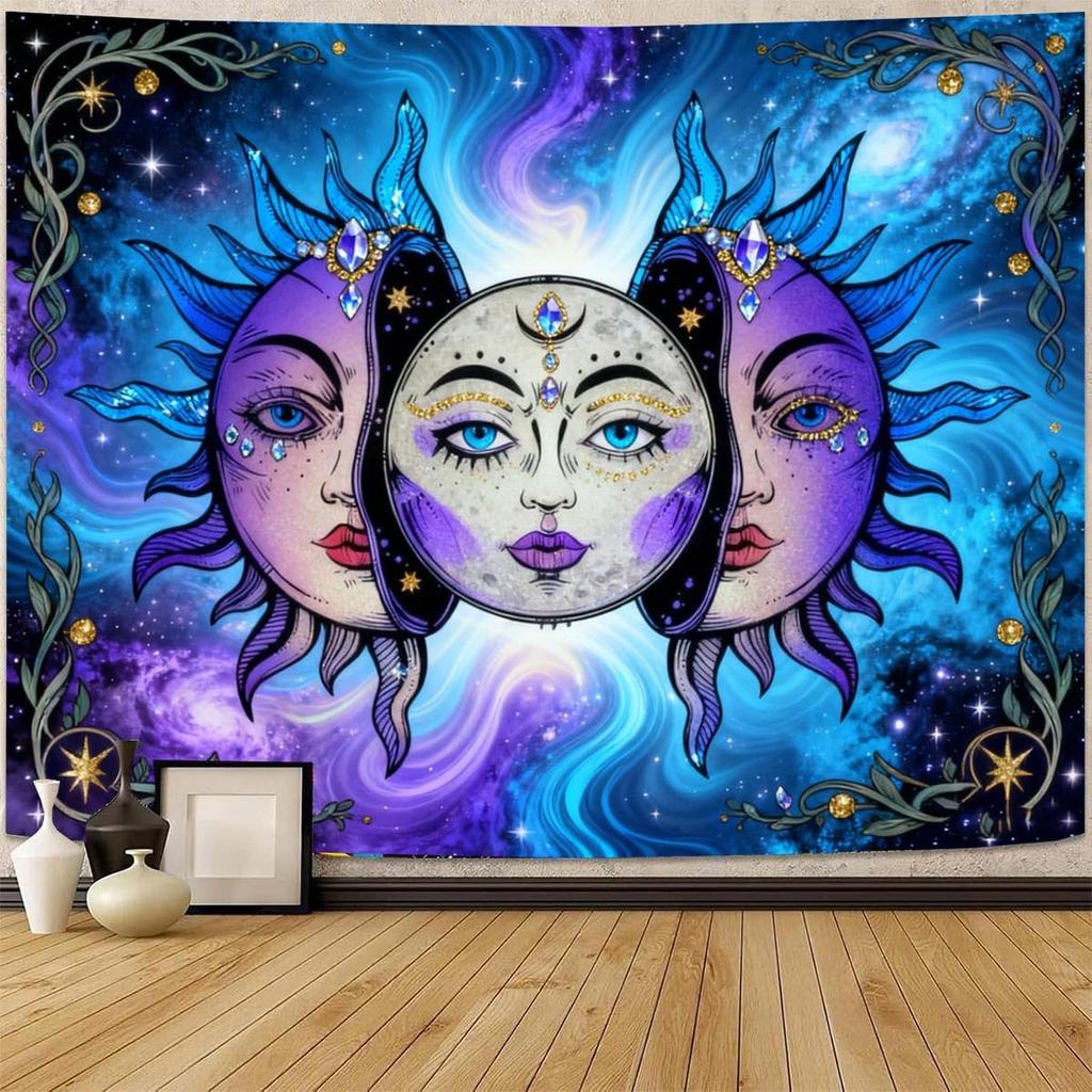 Hippe Boho Sun And Moon Tapestry, Trippy Colorful Tapestries Mystic Aesthetic Burning Sun Moon Wall Hanging Blanket For Bedroom