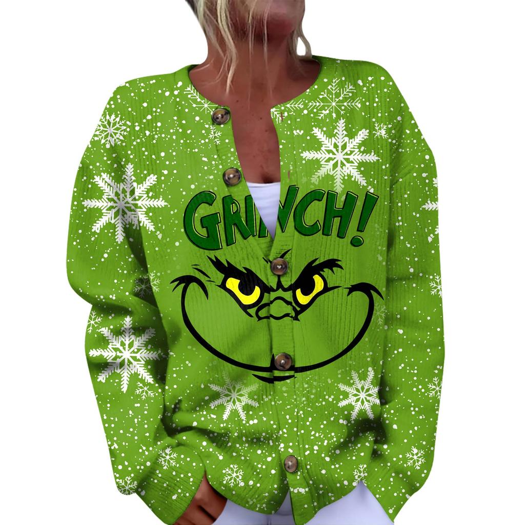 Women's Fashion Christmas Printed Long Sleeve Knitted Cardigan Button Down Jacket