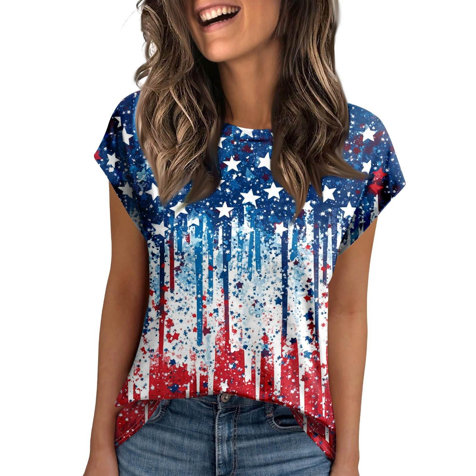 

Women s Round Neck Short Sleeve Mid-Length T-Shirt Loose Casual Independence Day Printed Short Sleeve T-Shirt Top M